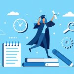 Graduate celebration concept vector illustration. Cartoon happy woman student character jumping with diploma in hand, celebrating success end of training school education and graduation background